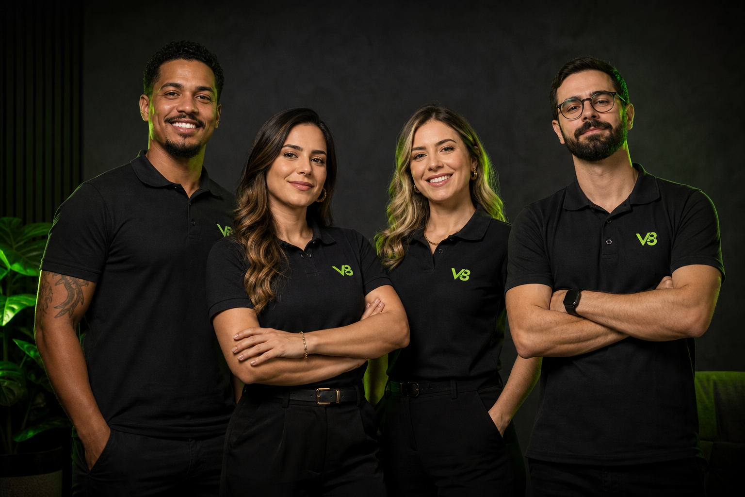 Equipe V8 Mídia Link com uniforme preto e logo verde limão